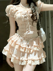 Aiertu  -  Elegant Sweet 2 Piece Skirt Sets Female Lace Pleated Y2k Crop Top + Cute Mini Cake Skirts Japanese Lolita Vintage Suits Summer Aiertu