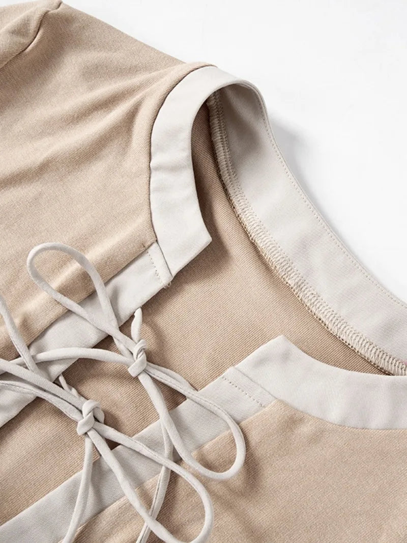 Aiertu  -  Fashion Short Sleeve Bandage T-shirt 2026 Woman Clothes O-neck Lace-up Slim Crop Top Streetwear Female Coffee Contrast Color Tee Aiertu