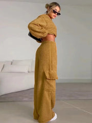 Aiertu      -  Solid Plush Long Sleeve Sweatshirt Trousers Two-Piece Set Female Casual Crop Top Matching Set Lady Autumn Winter Warm New Aiertu