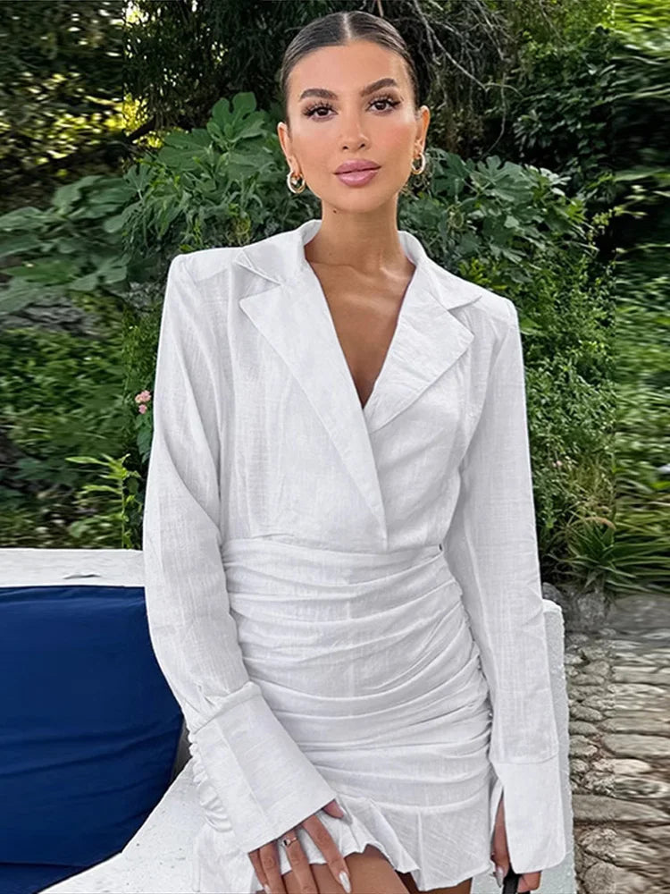 Aiertu  -  Cotton Linen Ruffle Dress Solid Color Suit Collar Deep V Fake Two Pieces Slim Fit Fashion Slimming Short Wrap Hip Dresses Spring Aiertu