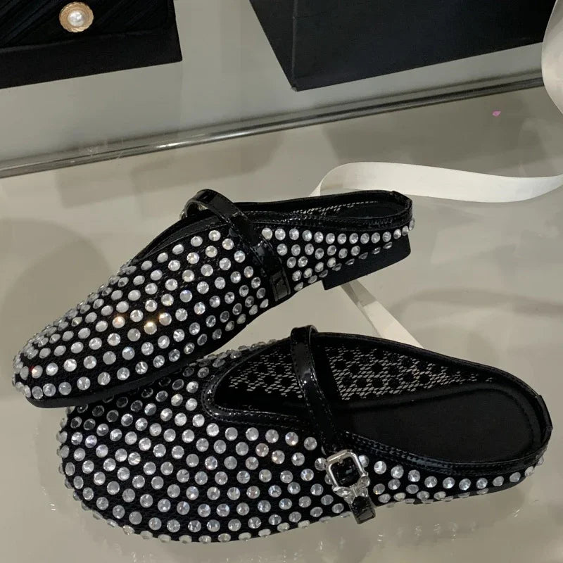 Aiertu  -   Fashion Design Crystal Rhinestone Round Toe Buckle Strap Mules Slippers Women Elegant Low Heels Casual Party Dress Shoes Aiertu