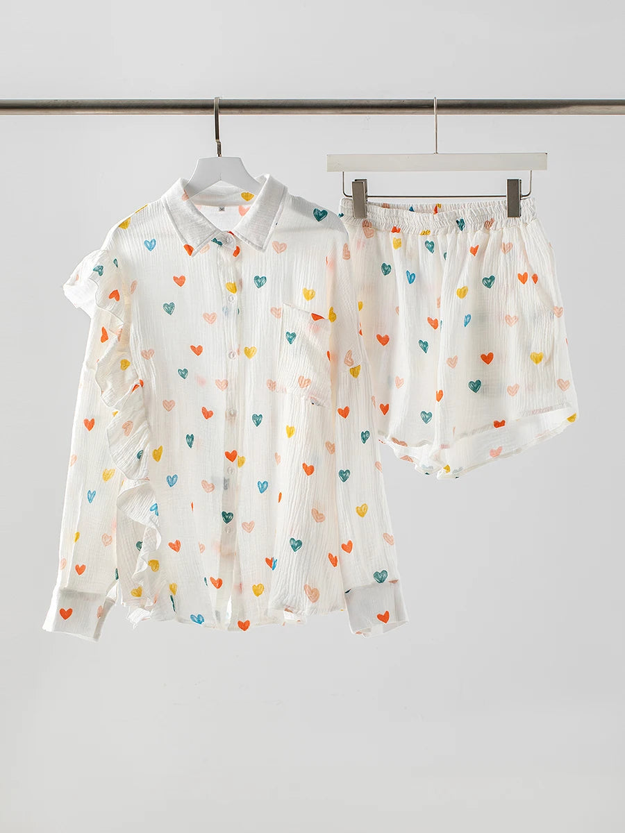 Aiertu  -   2026 New Heart Printed Short Set Women Long Sleeve Pocket Ruffle Cardigan+Short Pants Sets Spring Summer Casual Chic 2 Piece Set Aiertu