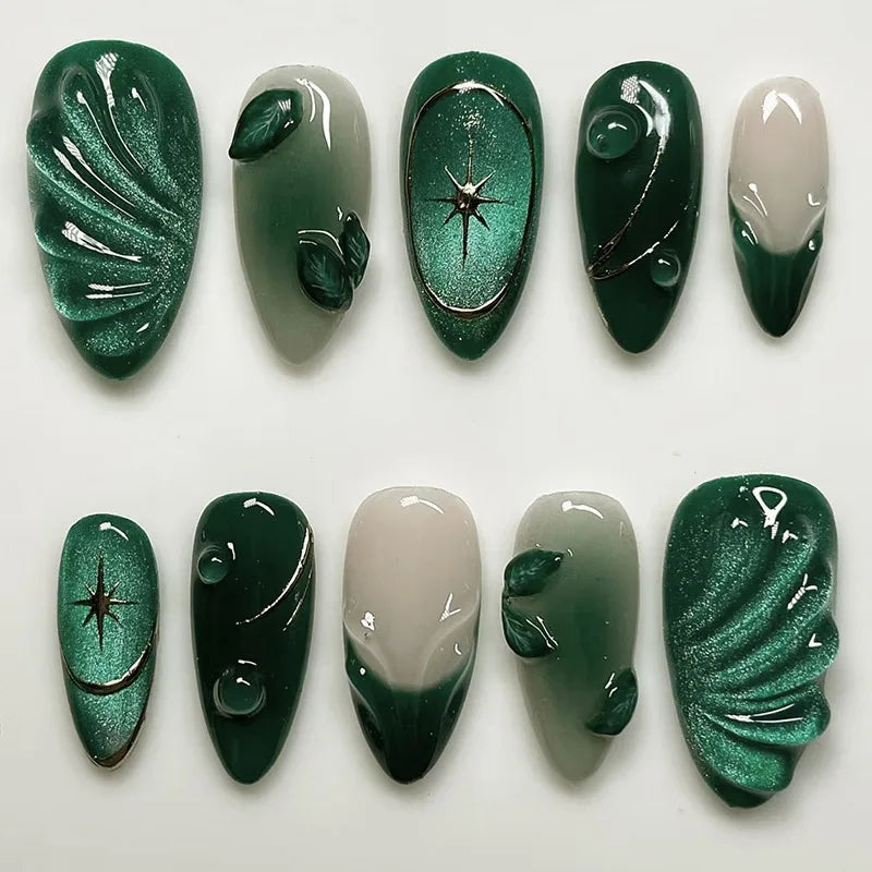 Aiertu  -  24PCS Green Cat Eye Press on Nails 3D Ripples with Stars Design French Fake Nails for Women Acrylic Patch Wearable Nail Tips Art Aiertu