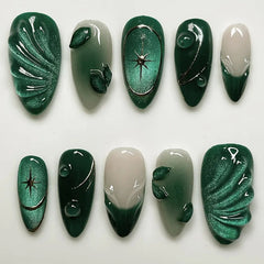 Aiertu  -  24PCS Green Cat Eye Press on Nails 3D Ripples with Stars Design French Fake Nails for Women Acrylic Patch Wearable Nail Tips Art Aiertu