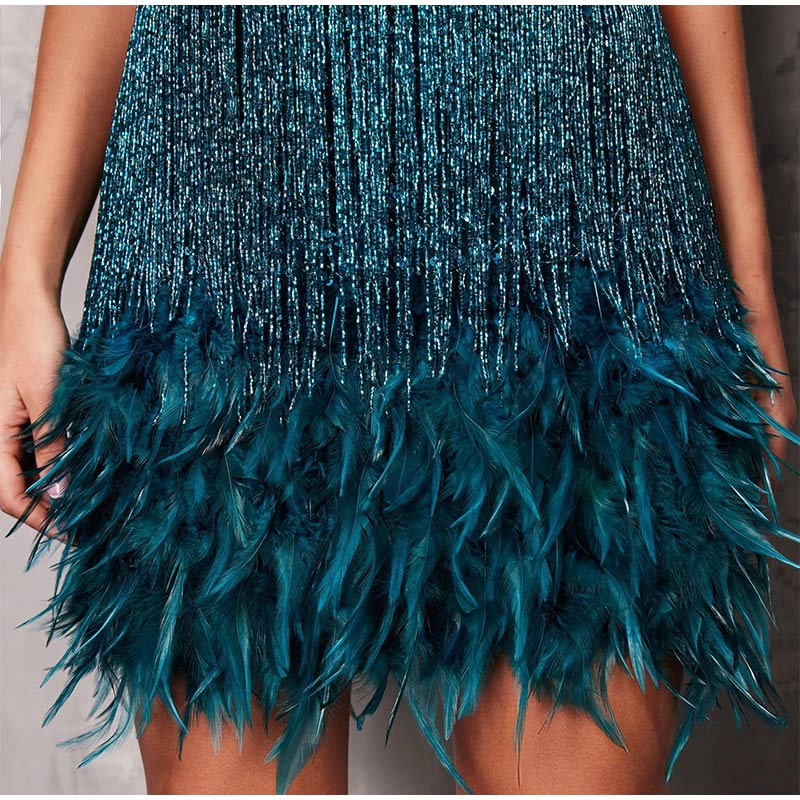 Aiertu Sequins Tassel Feather Spaghetti Strap Dress Women Fashion Sexy Stitching Mini Dresses Ladies Evening Party Club Elegant Dress Aiertu