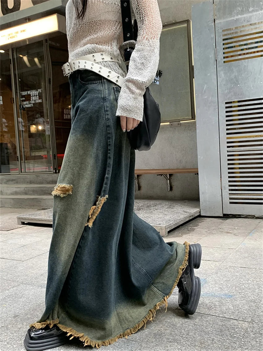 Aiertu  -  Women A-Line Skirts Mopping Denim Chic Autumn Stylish Office Lady High Street Vintage Mopping Jeanswear Slim Aiertu