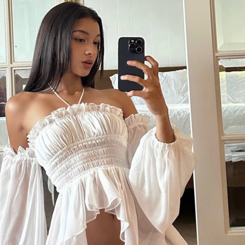 Aiertu  Off Shoulder Ruffles Sexy Lantern Long Sleeve Halter Backless Fashion All-match Crop Tops Y2K Summer Streetwear Blouses Aiertu