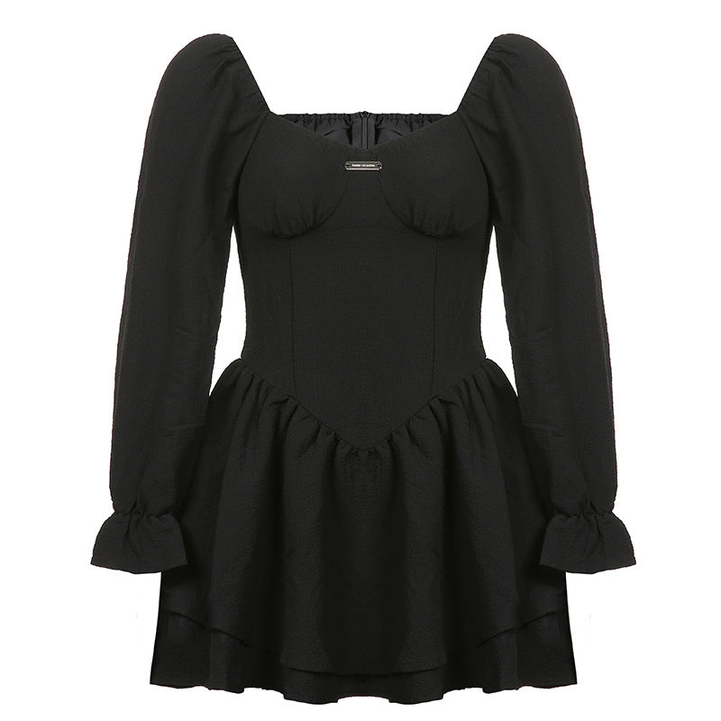 Aiertu - Temperament Square Neck Puff Long Sleeve Double Short Skirt Dress Aiertu