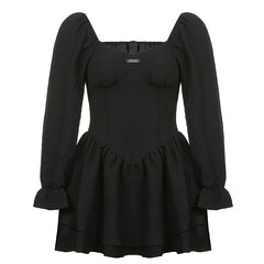 Aiertu - Temperament Square Neck Puff Long Sleeve Double Short Skirt Dress Aiertu