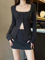 Aiertu 2025 spring fashion trend Autumn New Grey Casual Knitted Suits Sexy 2 Piece Skirt Set Woman Elegant Y2k Crop Tops + High Waist Slim Mini Skirt Korean Aiertu