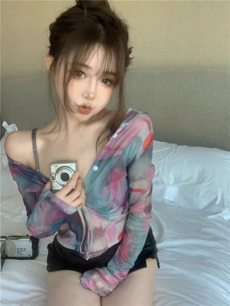 Aiertu Y2K Tie Dye Mesh Shirts Women Sexy Sheer Gradient Blouses Summer Harajuku Korean Long Sleeve Design Sun Protection Tops Aiertu