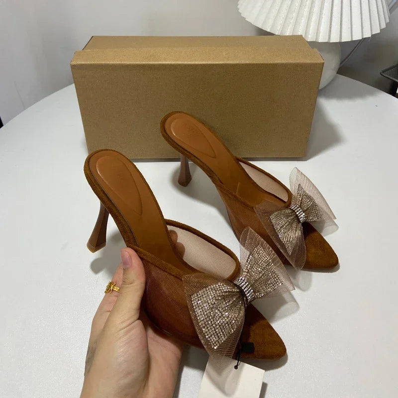Aiertu  -  Summer Pointed Shoes Woman Open Toe High Heels Shallow Diamond Shining Butterfly-Knot Slingbacks Mesh Ladies Mules Sandals Aiertu