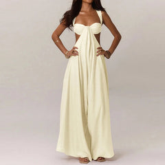 Aiertu  -  Women Elegant Hollow Backless Solid Color Long Romper Sexy Off Shoulder Party Jumpsuit Casual Sleeveless Wide Leg Loose Playsuit Aiertu