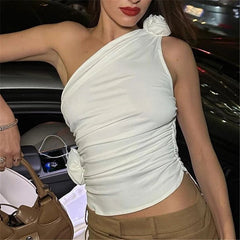 Aiertu  -   Floral Applique Sexy Crop Tops for Women Summer Club Party Irregular Y2K Tank Tops White Sleeveless Ruched Elegant Aiertu