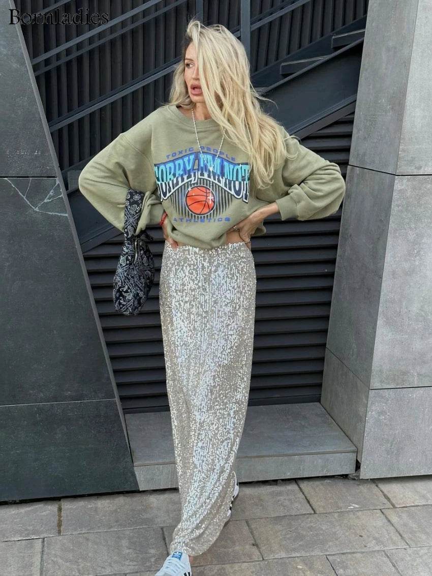 Aiertu  -  Elegant Silk Sequins Women Skirt Dropped Waist Long Skirts Streetwear Classic Skirt Fashion Female Clothing Aiertu