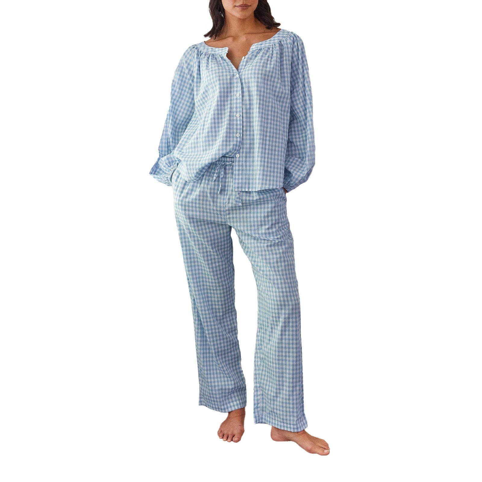 Aiertu  -   Women s Cozy Plaid Print Pajama Set with Long Lantern Sleeves and Elastic Waistband - Button Down Top and Lounge Pants for Fall Aiertu