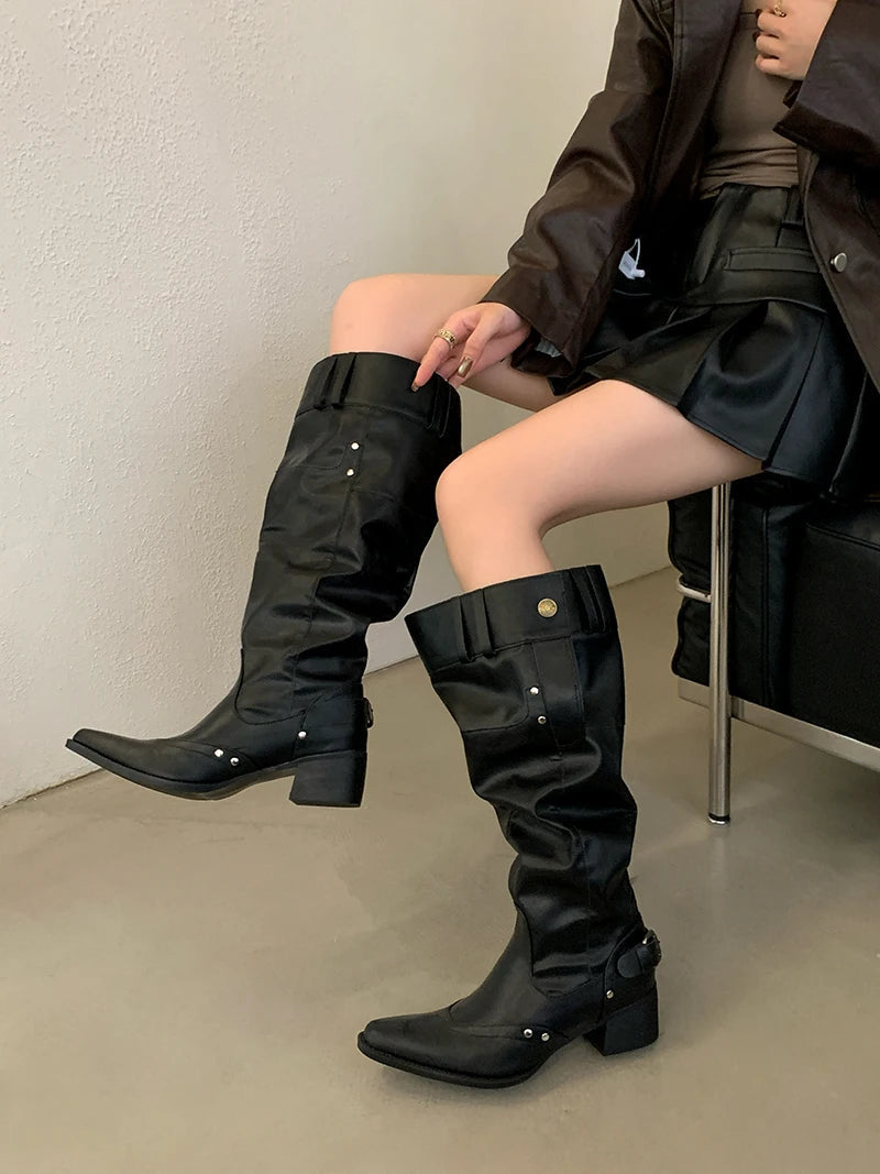 Aiertu    -  Black Boot Knee High Long Shoes Woman Pointed Toe Chunky Heels White Winter Boots Fashion Belt Buckle Rivet Wide-Leg Ladies Shoe Aiertu