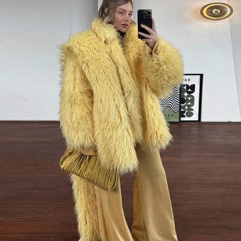Aiertu  -  Faux Fur Solid Women Coat Full Sleeve With Scarf Female Jacket 2025 Fashion Winter Elegant Thickened Warm Puffy Lady Overcoat Aiertu