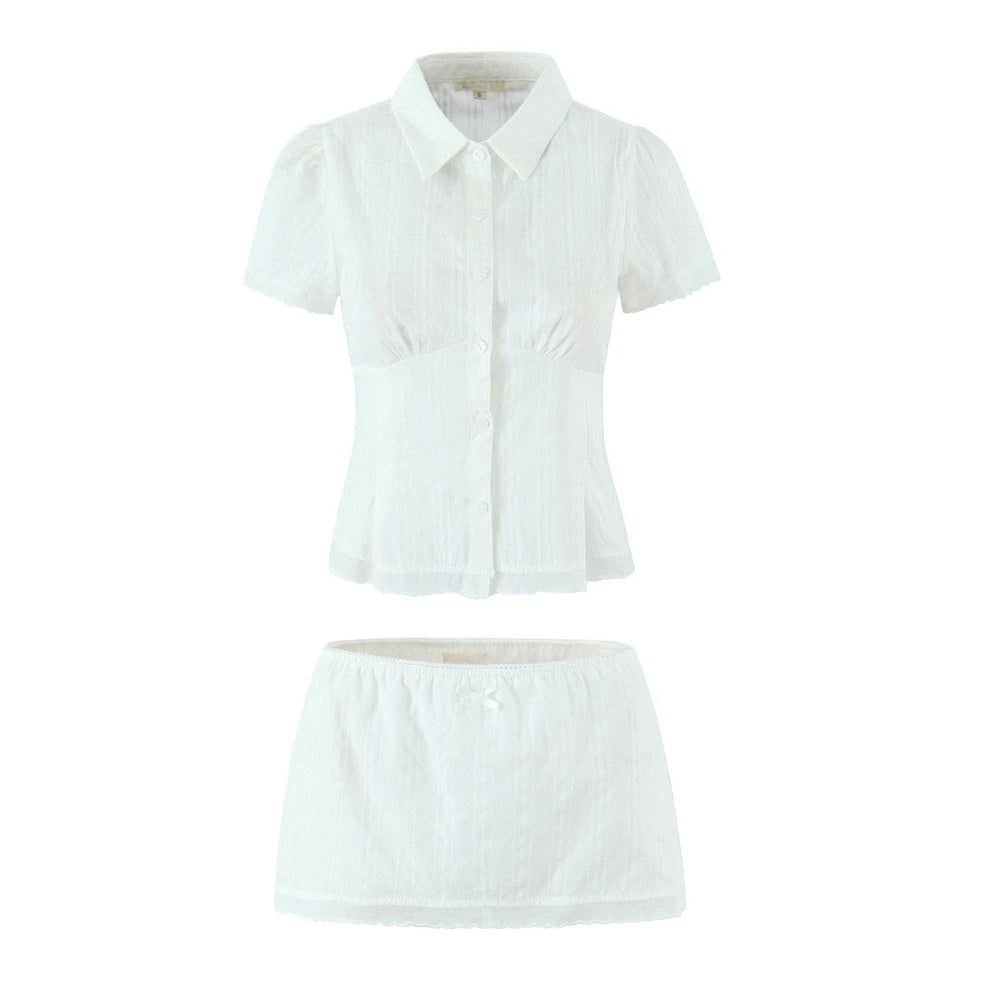 Aiertu    -  Solid Two Peice Set for Women Lapel Short Sleeve Shirt Low Waist Spliced Fungus Edge Mini Skirt Sweet Suit Female Aiertu