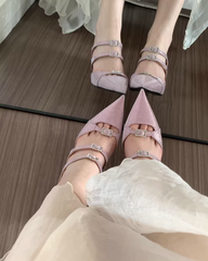 Aiertu  Bling Bling Pink Pointed Toe Sandals Stiletto High Heels Strappy Rhinestone Buckle Slip On Cutouts Sexy Women Dress Slippers Aiertu