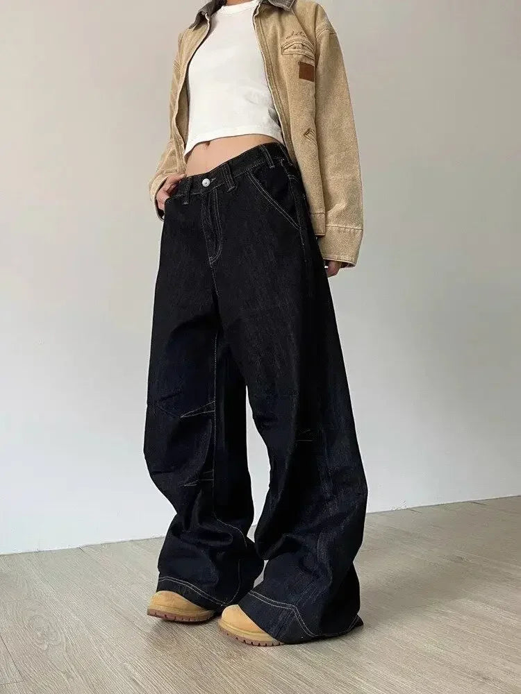 Aiertu  -  Grunge Black Jeans Women Y2k Vintage Oversized High Street Wide Cargo Denim Trousers Casual Baggy Straight Denim Pants Aiertu