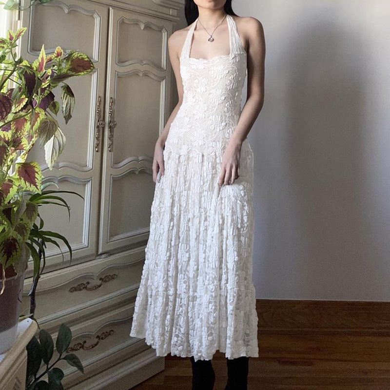 Aiertu - White Floral Lace Halter Maxi Dress Aiertu