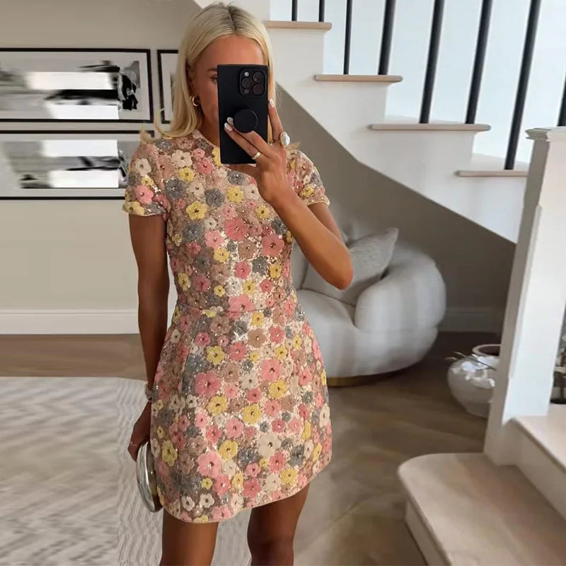 Aiertu  -  Chic Flower Mini Dress Women O-neck Short Sleeves High Waist A-line Dresses Female 2025 Spring Summer Fashion Floral Lady Robe Aiertu