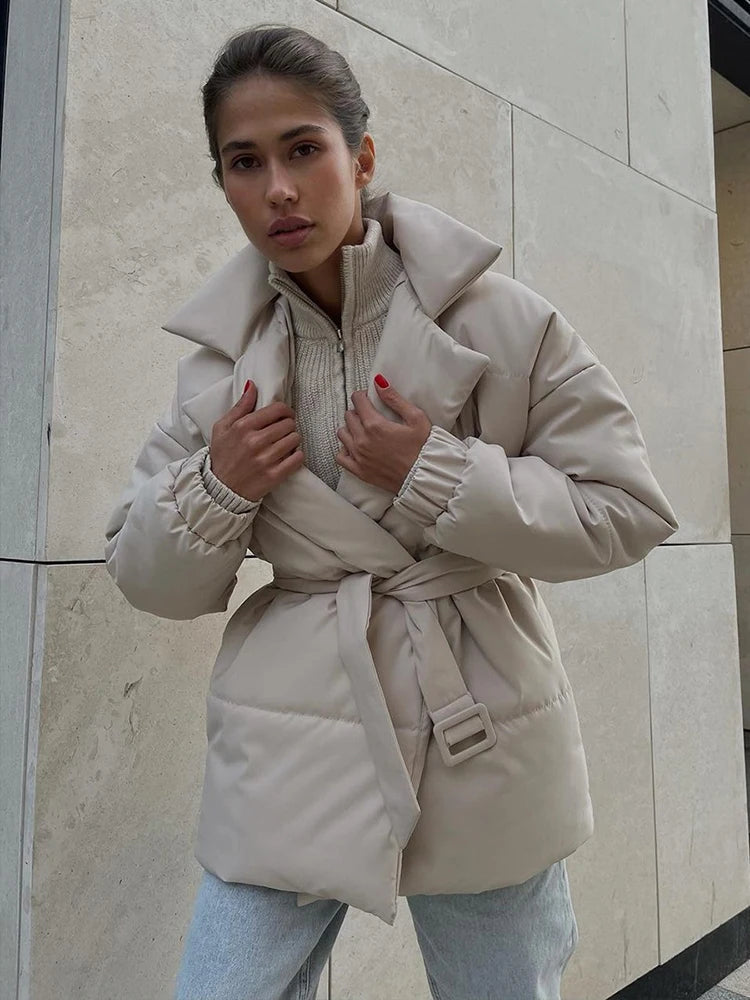 Aiertu  -  Fall Winter Thickened Lapel Cotton Jackets Coat For Women Solid Color Lace Up Waist-Cinching Casual Cotton-Padded Jacket Aiertu