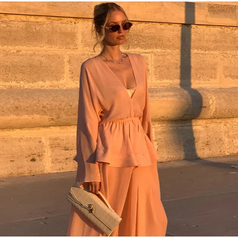 Aiertu  -  Elegant Ruffles Patchwork Pleated Long Dress Women V-neck A-line Long Sleeve Puffy Dresses 2025 Summer Street Vacation Lady Robe Aiertu