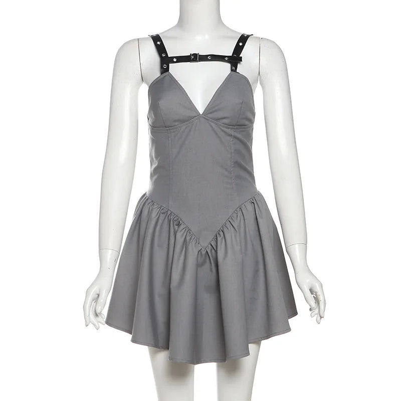 Aiertu  -  V-neck Fold Suspender Dress For Women Belt Buckle Backless Sexy Bodycon Mini Dress A-line High Waist  Party Dress Ladies Aiertu
