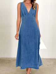 Aiertu  -  Vintage V-neck Woman's Denim Dress Baggy Sleeveless Maxi Dress Distressed Soild Long Skirt Summer Spring Elegant Lady Skirts Aiertu