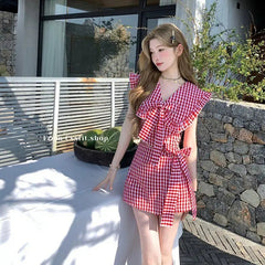 Aiertu  -  Sweet Hot Girl Suit Women's Summer Turn-down Collar Plaid Bow Top High Waist Skirt Shorts Two-piece Set Fashion Female Clothes Aiertu