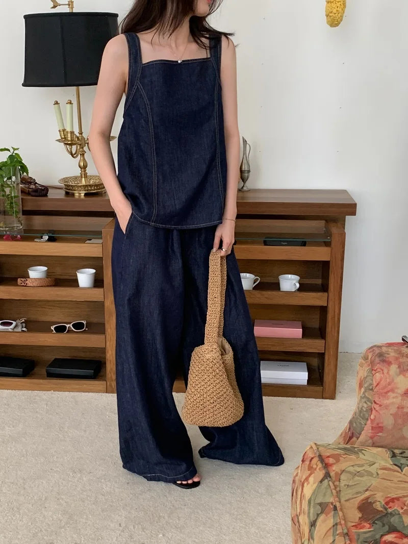 Aiertu  -  Sweet Hot Girl Denim Suit Women's Summer Bow Back Sleeveless Shirt Elastic Waist Wide Leg Pants Two-piece Set Female Clothes Aiertu