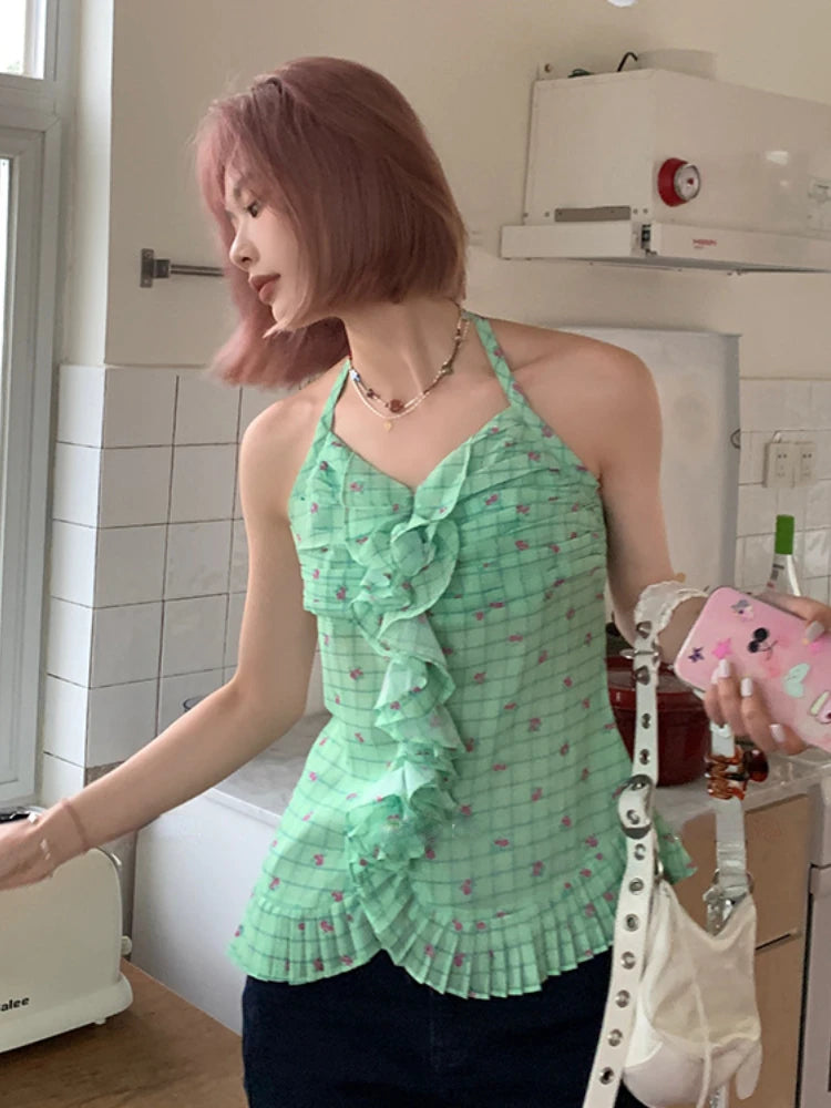 Aiertu  Sweet Plaid Flower Print Halter Tanks Bandage Pleated Slim Waist Tunic Tank Tops Y2k Aesthetic Casual Backless Women Camisoles Aiertu