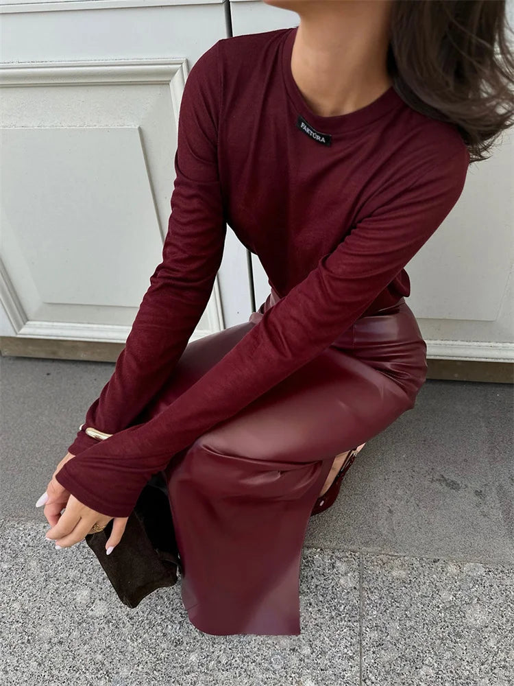 Aiertu  -   PU Fashion High Waist Female Long Skirt Casual Solid High Waist Vintage Streetwear Y2k Maxi Skirt Commute Clothes Autumn Aiertu