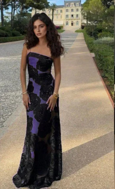 Aiertu  -  Black Rose Printed See Through Slim Long Dress Women Sexy Irregular Spaghetti Sleeveless Backless Vestidos Elegant Party Robe Aiertu
