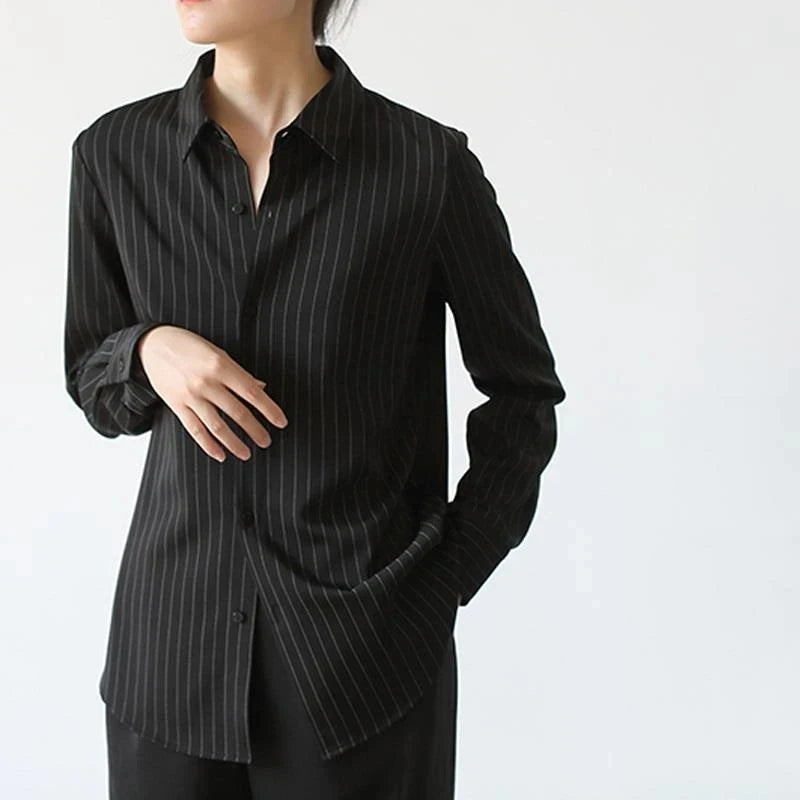 Aiertu Vintage Black Striped Shirts Women Office Long Sleeve Loose Casual Blouses Lady Korean Fashion Elegant Chic All Match Tops Aiertu