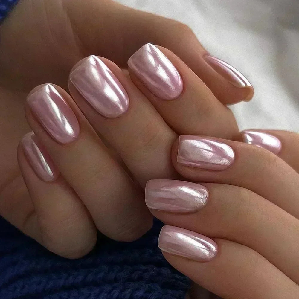 Aiertu 24Pcs Short False Nails Aurora Cat Eye with French Design Simple Metallic Full Cover Wearable Chrome Press on Fake Nails Tips Aiertu