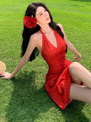 Aiertu  -  Women Red Polka Dot Sexy Festival Party Halter V-neck Bandage Short Dress Summer Elegant Sleeveless Backless Slim Mini Dress Y2k Aiertu