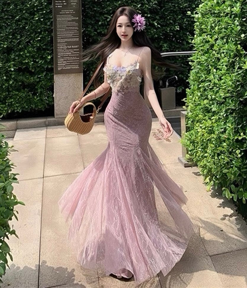 Aiertu  Mauve Flower-Applique Coquette Fairy Dress Aiertu