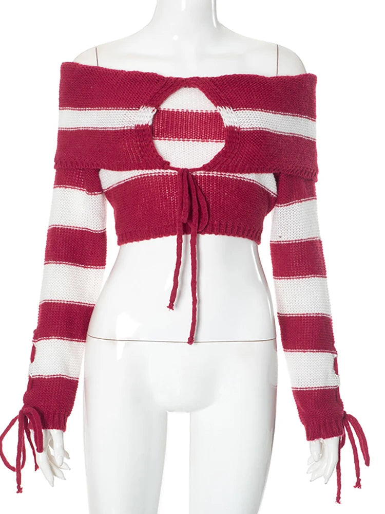 Aiertu  -  Knitted Sexy Off Shoulder Striped Women Sweater Red Long Sleeve Lace Up Sweater Female Autumn New Casual Streetwear Aiertu
