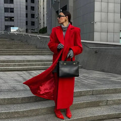 Aiertu     -  Fall Outfits 2026 Red Woolen Long Coats Women Elegant Lapel Full Sleeve Single Button Loose Tops 2026 Autumn New Lady Solid High Street Outwear Aiertu