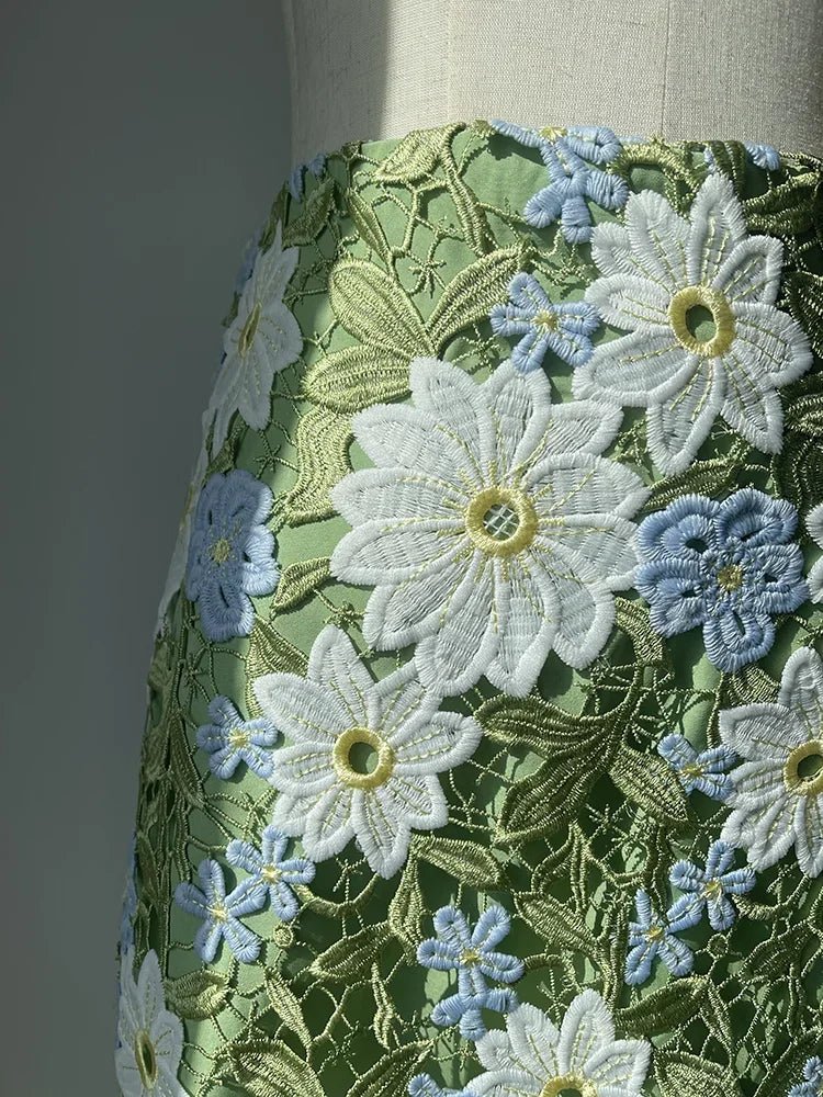 Aiertu  -  Floral-Embroidered Lace Green Pencil Skirts High Quality Hollow Out Knee-Length A-line Skirt Vintage Women Elegant Clothes Aiertu
