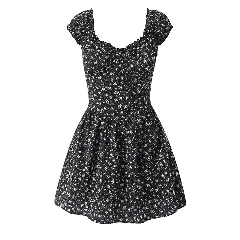 Aiertu  -  Holiday Summer Dresses 2025 Women French Style Floral Print Dress Vintage Short Sleeve V Neck A-line Mini Robe Sundress Aiertu