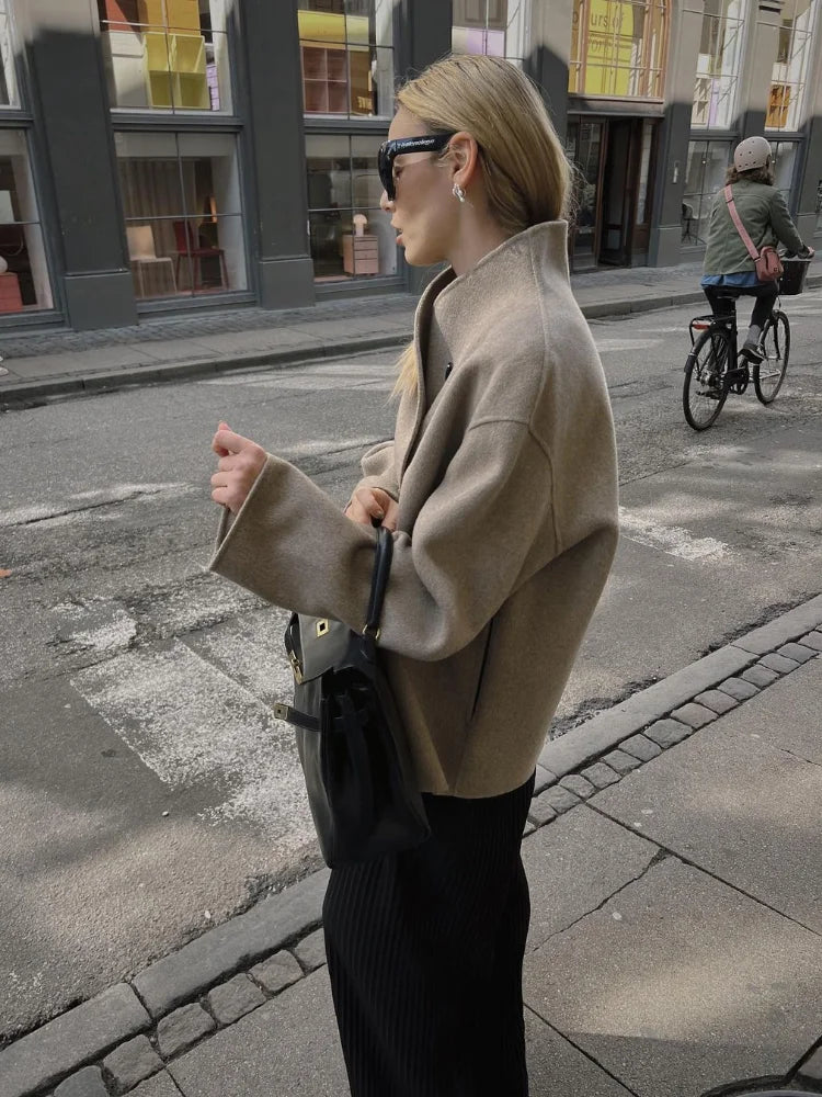 Aiertu  -  Elegant Warm Solid Woolen Cropped Coat Women Chic Stand Collar Double Breasted Long Sleeves Jacket Autumn Lady Commute Outercoat Aiertu