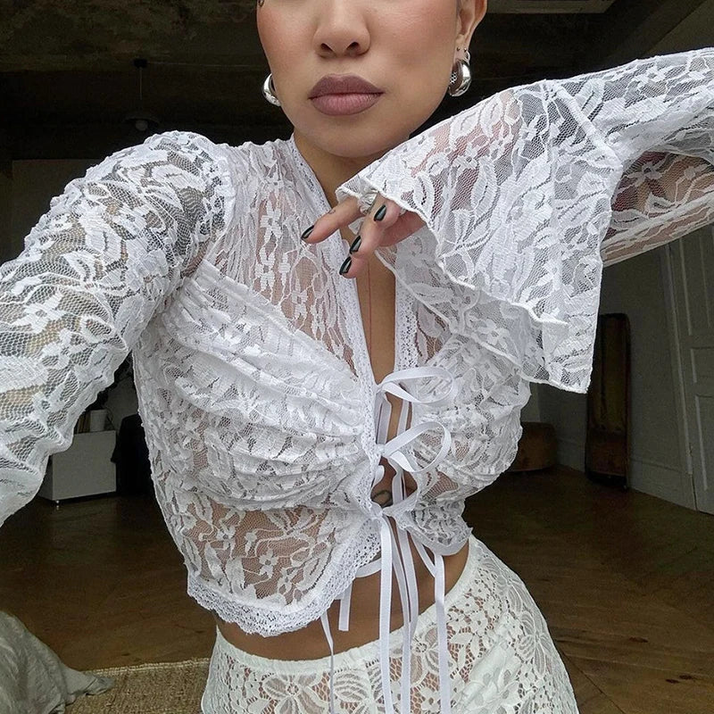Aiertu  -  Sexy Lace Up Cardigan T-Shirt Female See Through Lace Flare Sleeve T-shirt Top Hot Girl Slim Fit Solid Splice Short Top Aiertu
