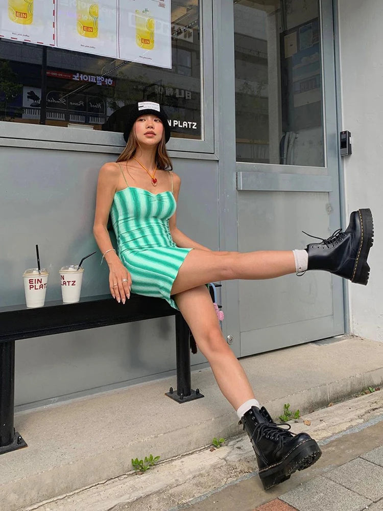 Aiertu  -  Sexy Striped Print Dress Women Spaghetti Strap Summer New Trend Sleeveless Backless Pleated Beach Vacation Mini Bodycon Aiertu