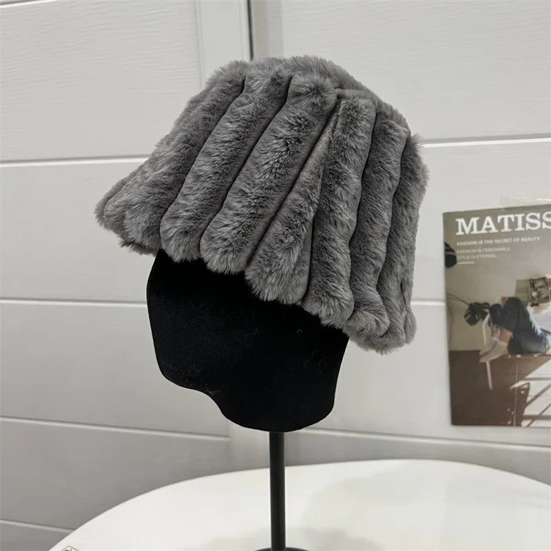 Aiertu  -  Autumn/Winter New Mixed Color Plush Lampholder Fisherman Hat Women's Korean Designer Wide Plush Bucket Hat Aiertu