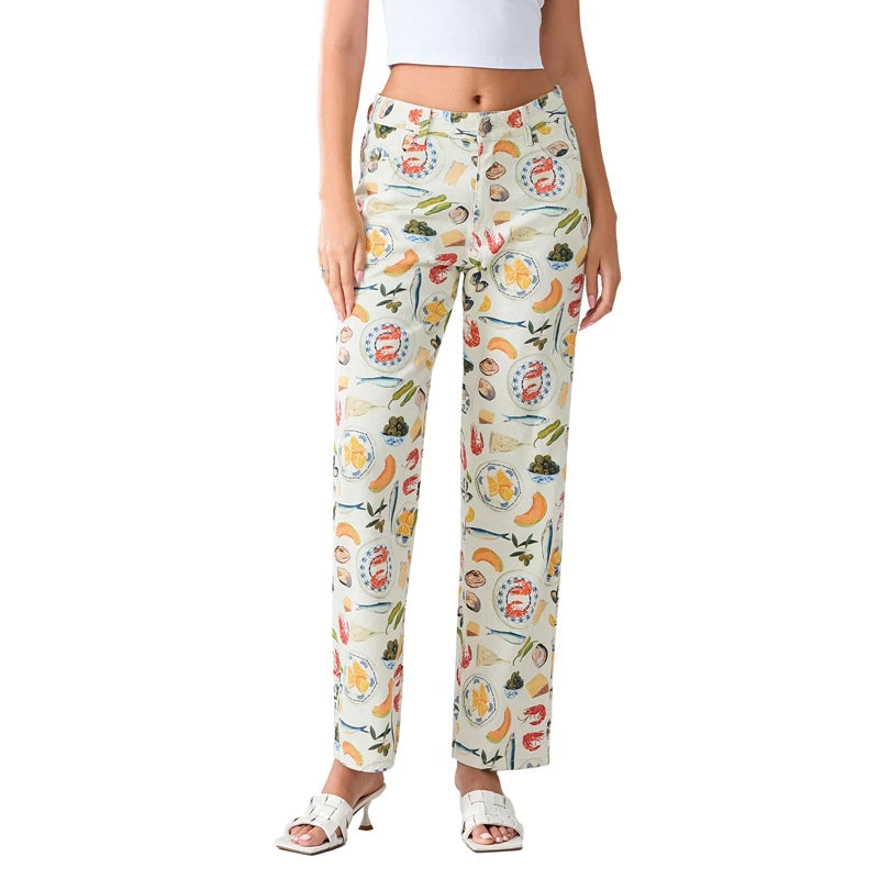 Aiertu  -  Women Fruit Tapas Print Wide Leg Jeans Casual Loose Denim Pants Trousers with Pockets Retro Y2K Aesthetic Pants Streetwear Aiertu