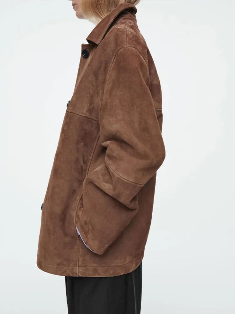 Aiertu  -  Fashon Brown Single Breasted Suede Jackets Women Fashion Lapel With Pockets Long Sleeve Coats 2026 Chic Lady Casual Outerwear Aiertu